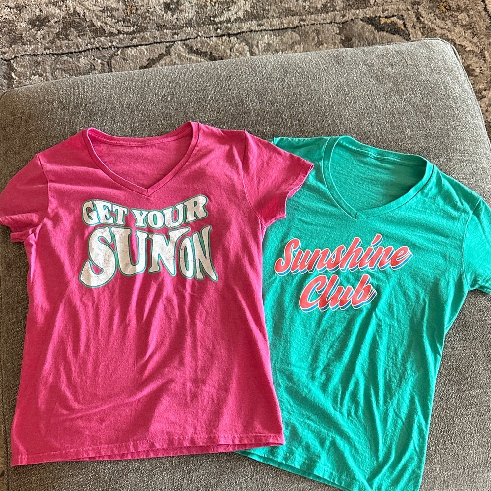 Lot of 2 women’s  Pink and Green Graphic Tees size M